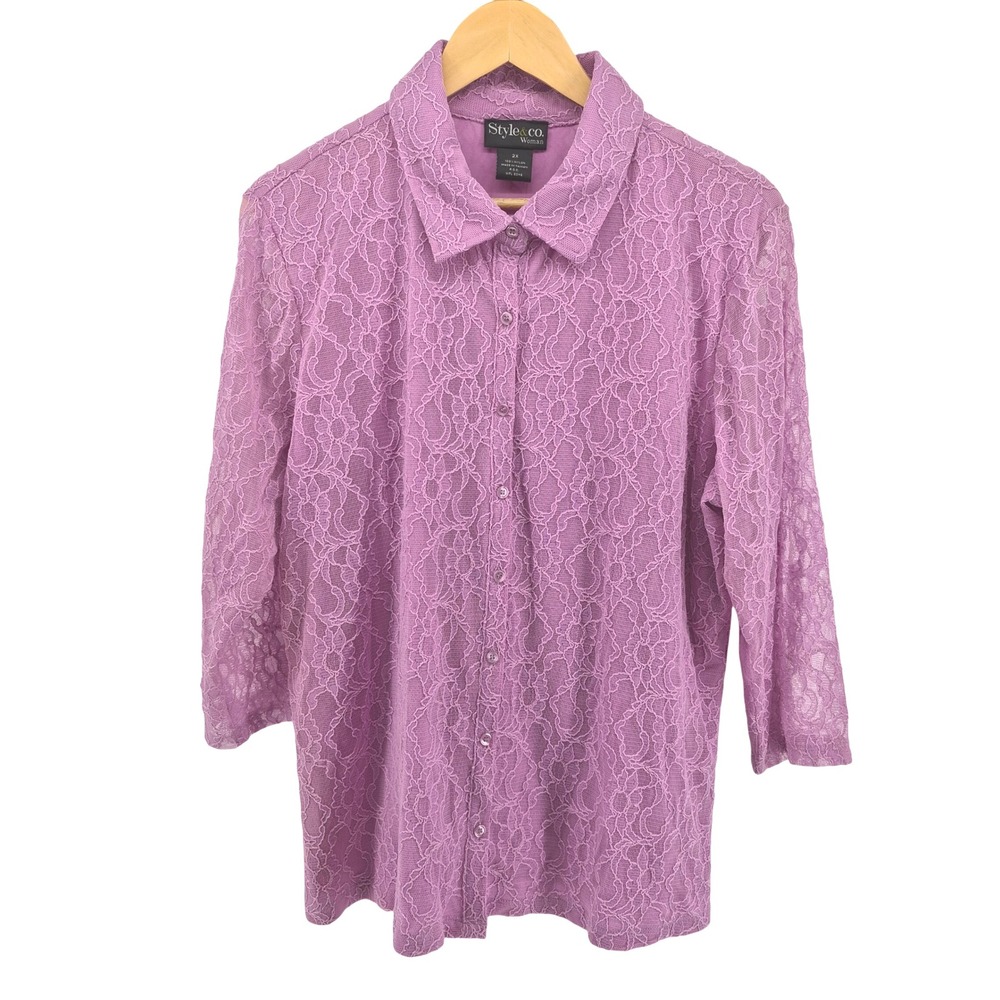 Style & Co Woman Lilac‎ Floral Lace Button Up Sheer Shirt Plus Size 2X Romantic